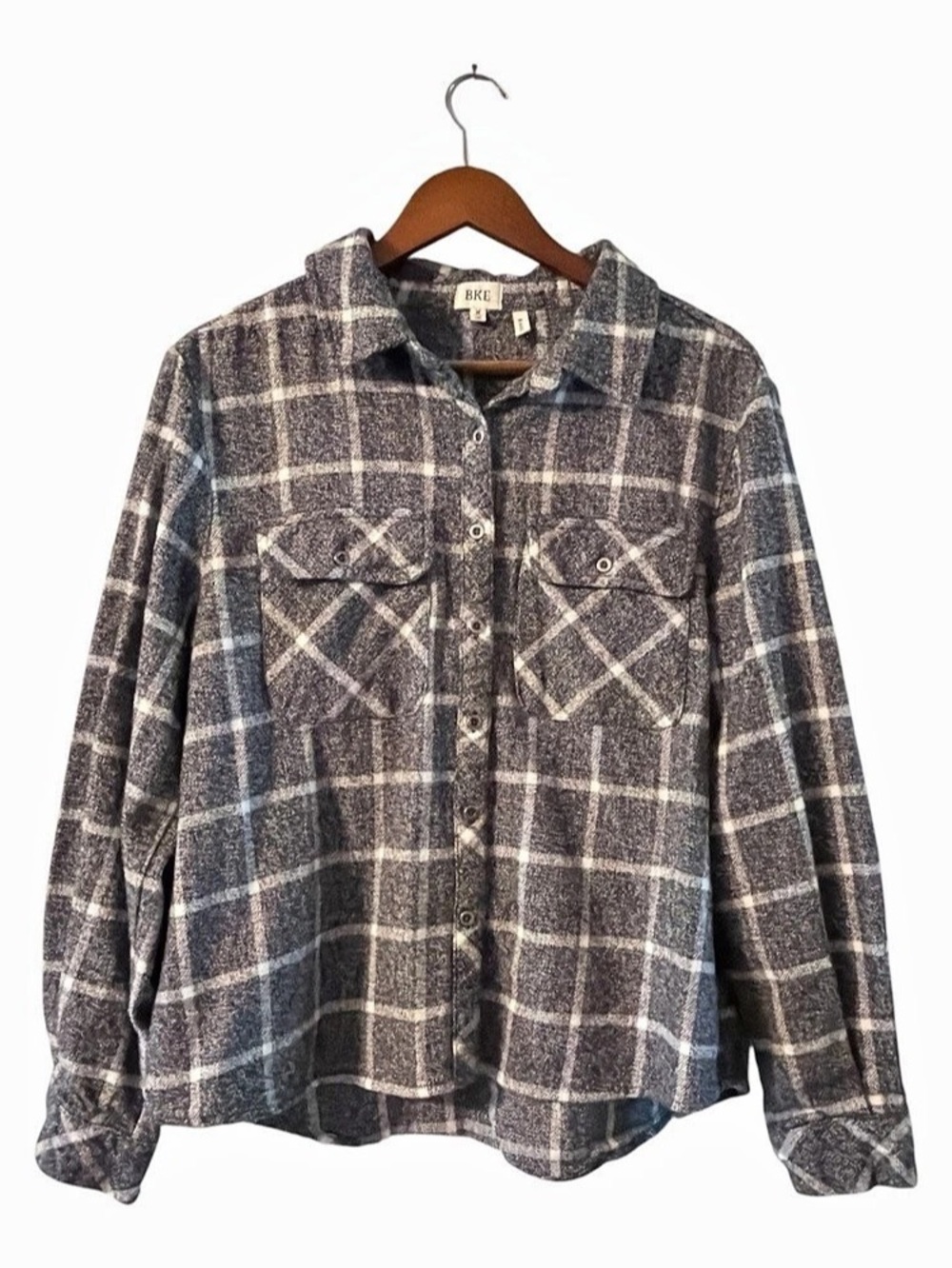 Grunge BKE Eased Plaid Shirt Womens Medium Gray Cotton Relaxed Cabin Layering